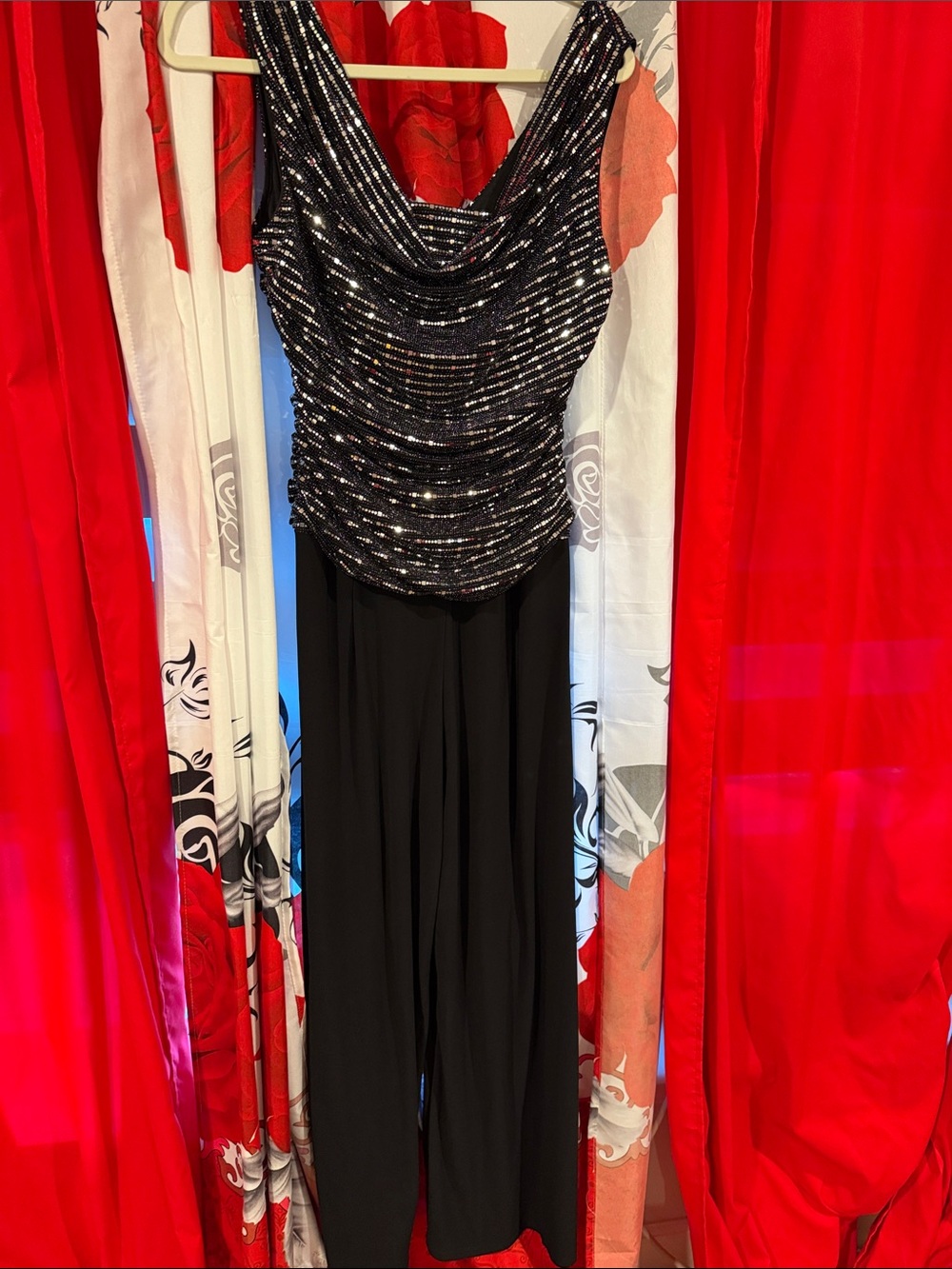 R&M Richards Black Sequin Drape-Neck Jumpsuit